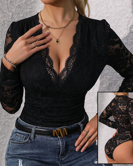 Women's Lace Up Long Sleeve Bodysuit Romper Sexy Deep V Neck Snap Croth Leotard Tee Top For Women
