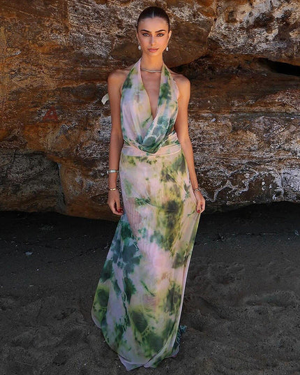 2pcs Tie Dye Printing Deep V-neck Suits Fashion Halter Backless Skirt For Beach Party Womens Clothing