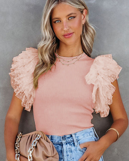 Pink Dotty Mesh Ruffle Sleeve Ribbed Knit Top