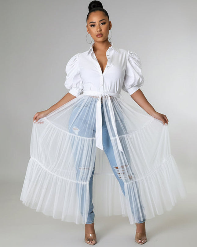 White Puff Sleeve Shirt Dress