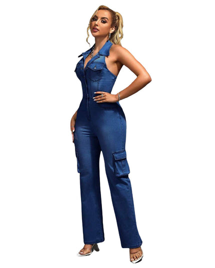 Tight Waist Slim High Elastic Wash Denim Jumpsuit