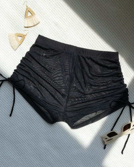 New Solid Color Drawstring Mesh Shorts Sexy Bikini Beach Swimsuit Women