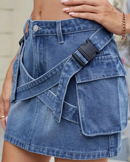 Criss-Cross Waist Pocketed Denim Mini Skirt
