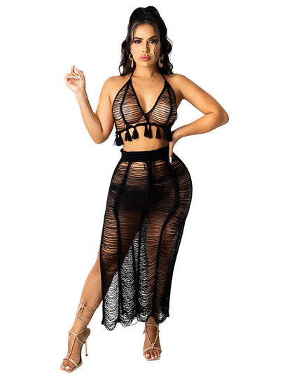 See-through Tassel Knitted Beach Skirt Suit