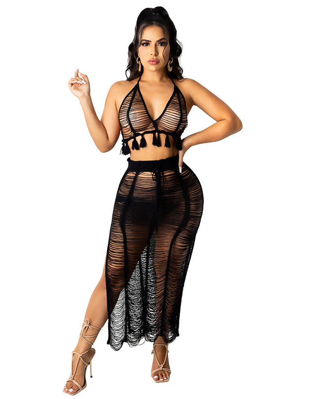 See-through Tassel Knitted Beach Skirt Suit
