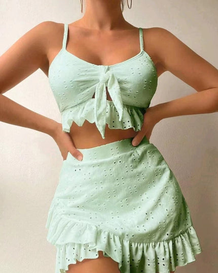 3pcs Beach Bikini With Hip-hugging Skirt Fashion Ruffle Design Swimsuit Set Summer Womens Clothing
