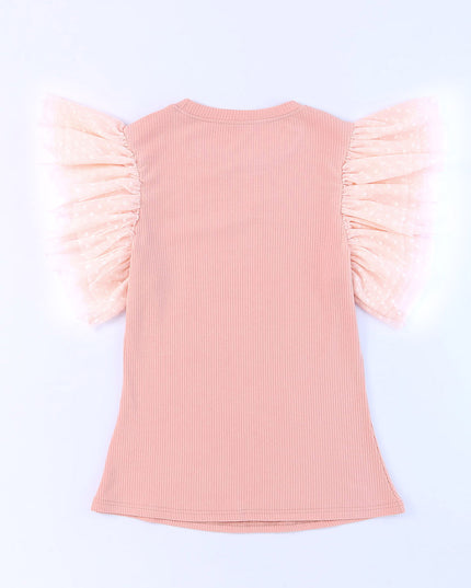 Pink Dotty Mesh Ruffle Sleeve Ribbed Knit Top