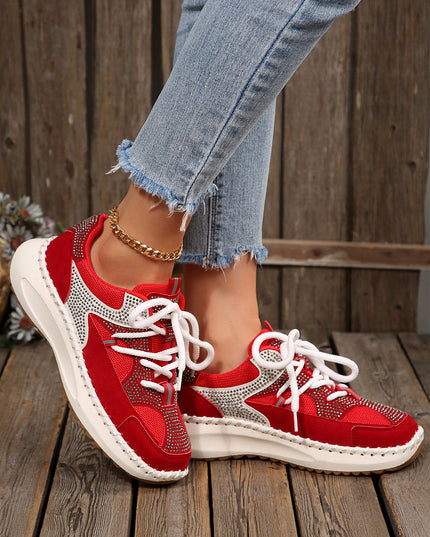 White Rhinestone PU Leather Platform Casual Sneakers