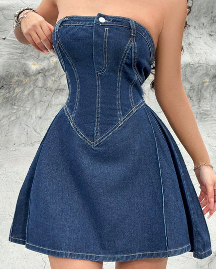 Women's Summer Off-shoulder Low Collar Sexy Fishbone Waist Tight Denim Dress Strapless Sexy Dress Trend Skinny Hipster Party Clubwear Y2K Bodycon