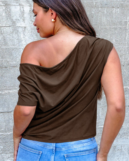 Coffee Plus Size Solid Color Asymmetric Neck Short Sleeve Blouse