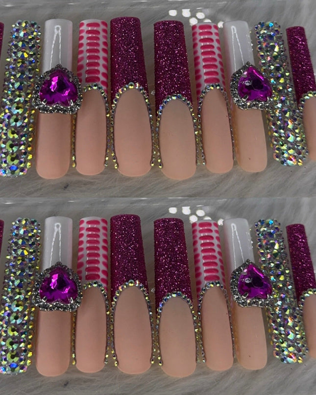Pink long crystal press on nails