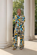 Blue, Yellow & Cream Abstract Pant & Blouse Set