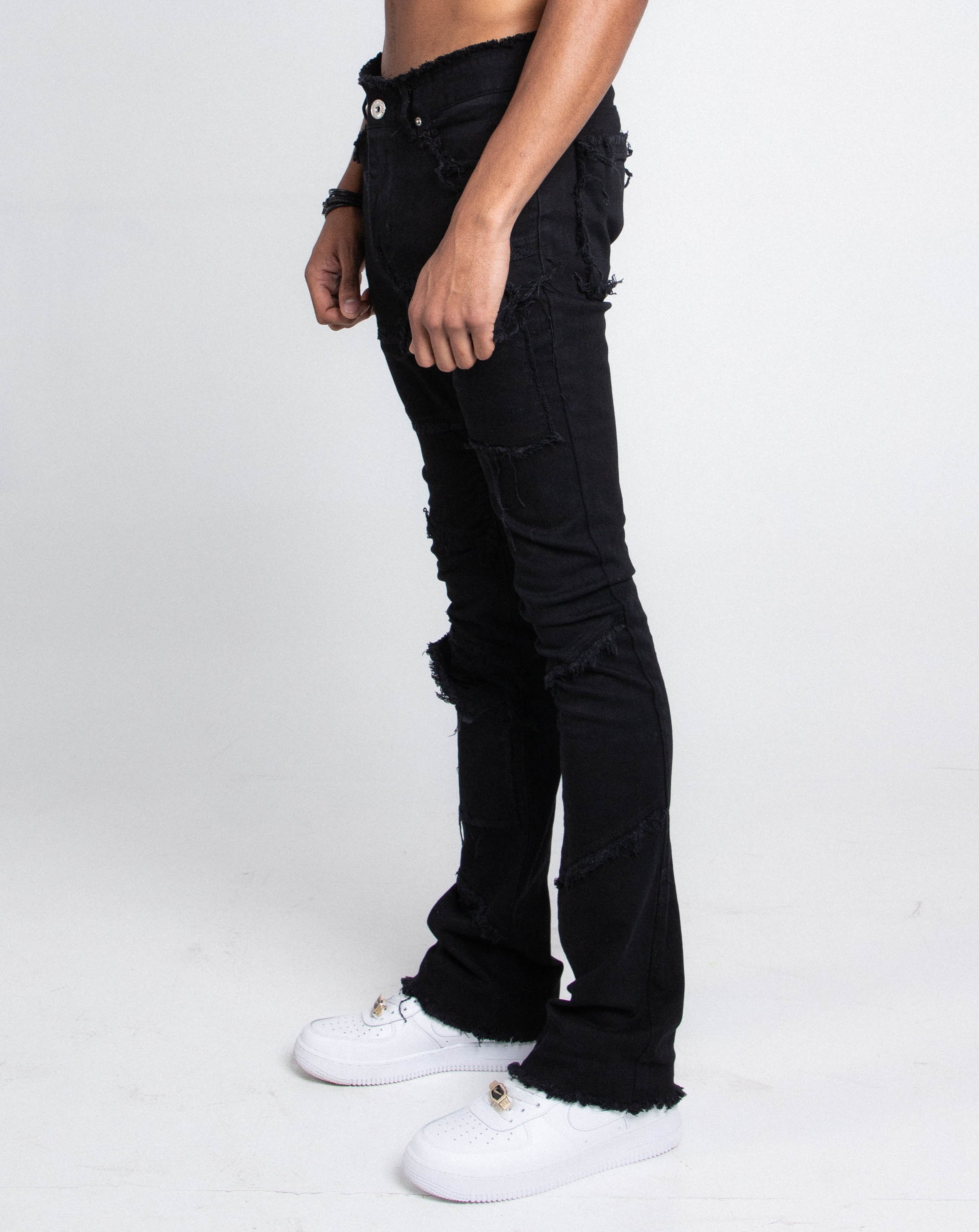 AS405 BLACK DISTRESSED STACKED JEANS