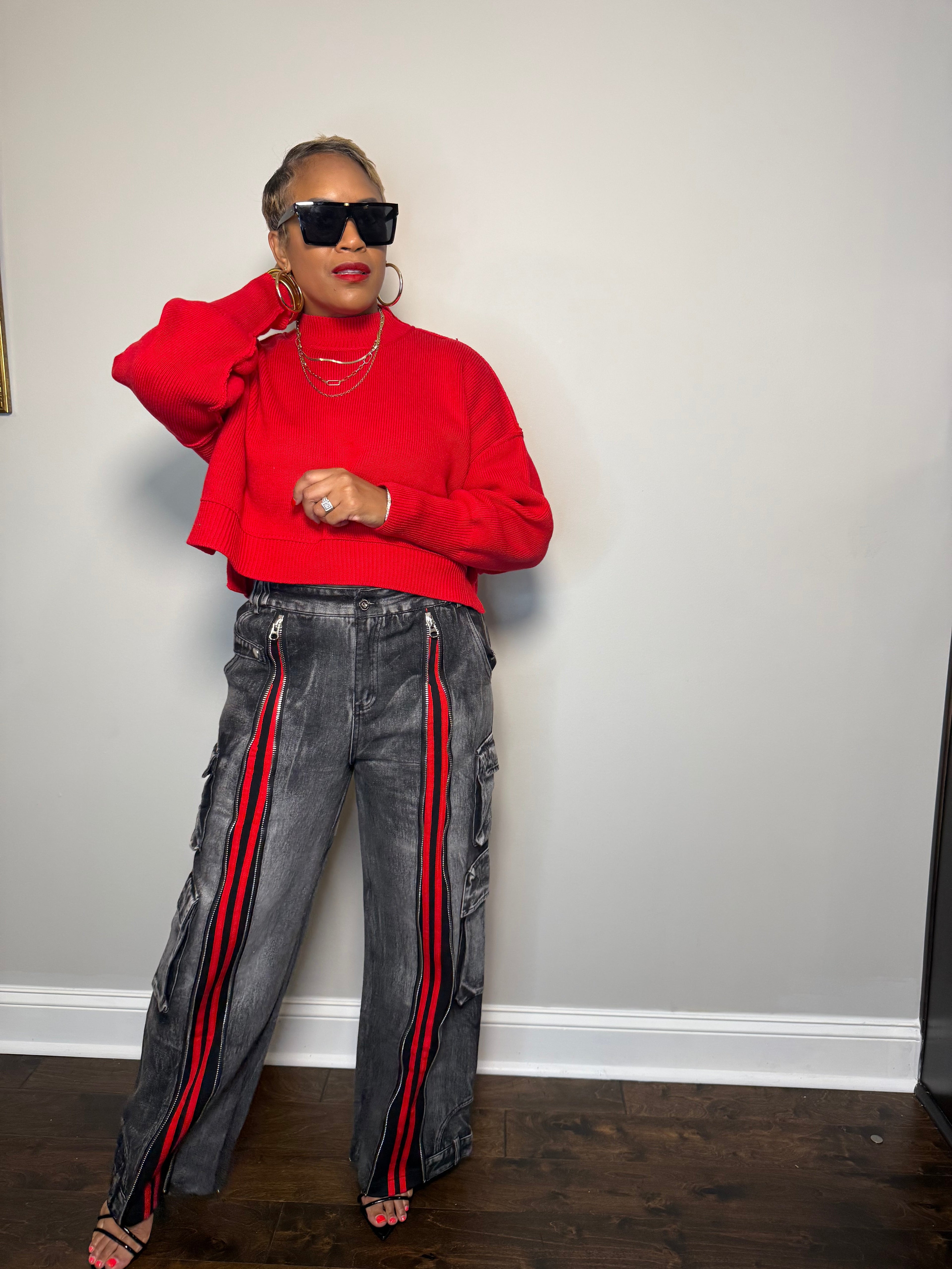 Black & Red Retro Front-Zip Baggy Denim Jeans