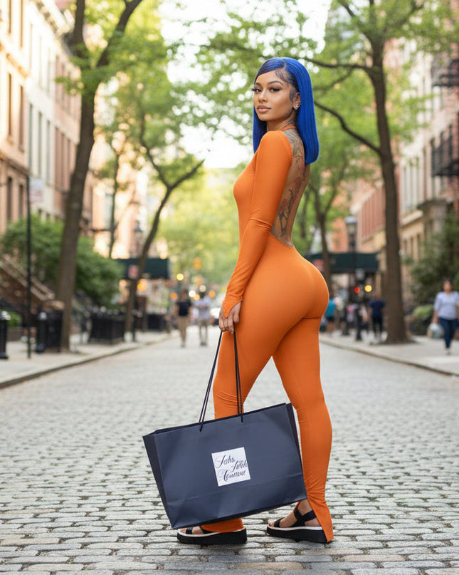 Long Sleeve Backless Orange Jumpsuit