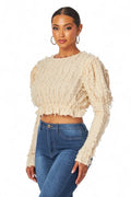 Alexandria Puff Long Sleeve Shaggy Peplum Crop Top