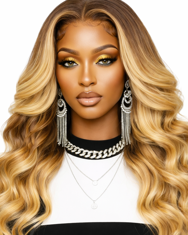 Light Brown Ombre Brazilian Hair 24' Glueless Piano Color Body Wave Human Hair Pre-cut Lace Front Wigs