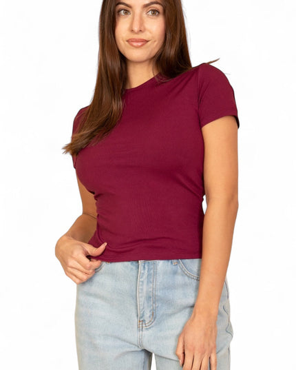 Ribbed Round Neck Short Sleeve Top {BT5492}
