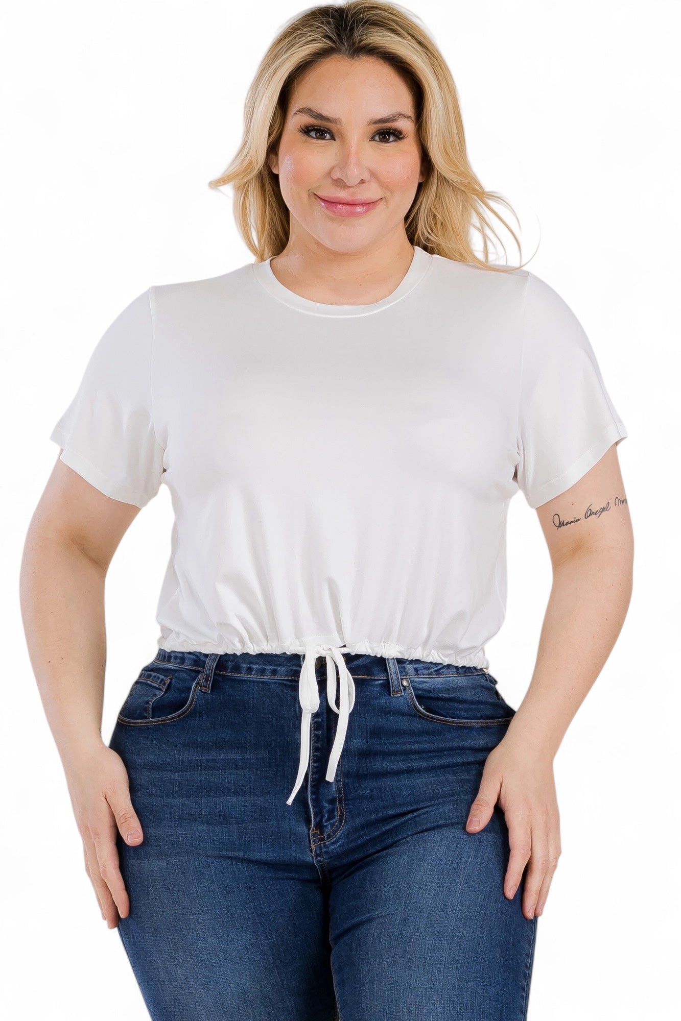 Curvy Tie Front Drawstring Short Sleeve Crop Top {BT5196X}
