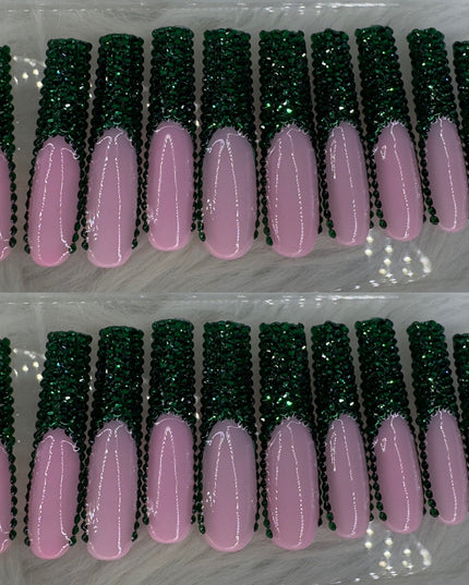 Green crystal long press on nails
