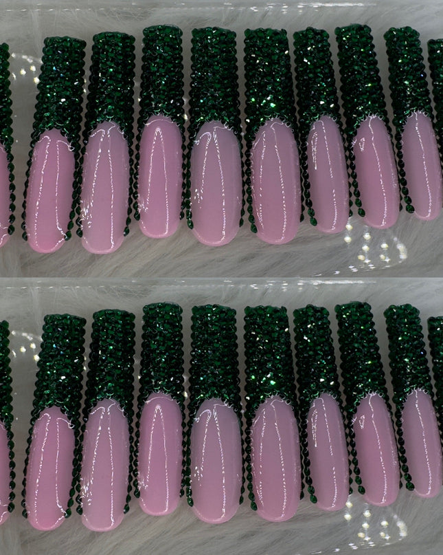 Green crystal long press on nails