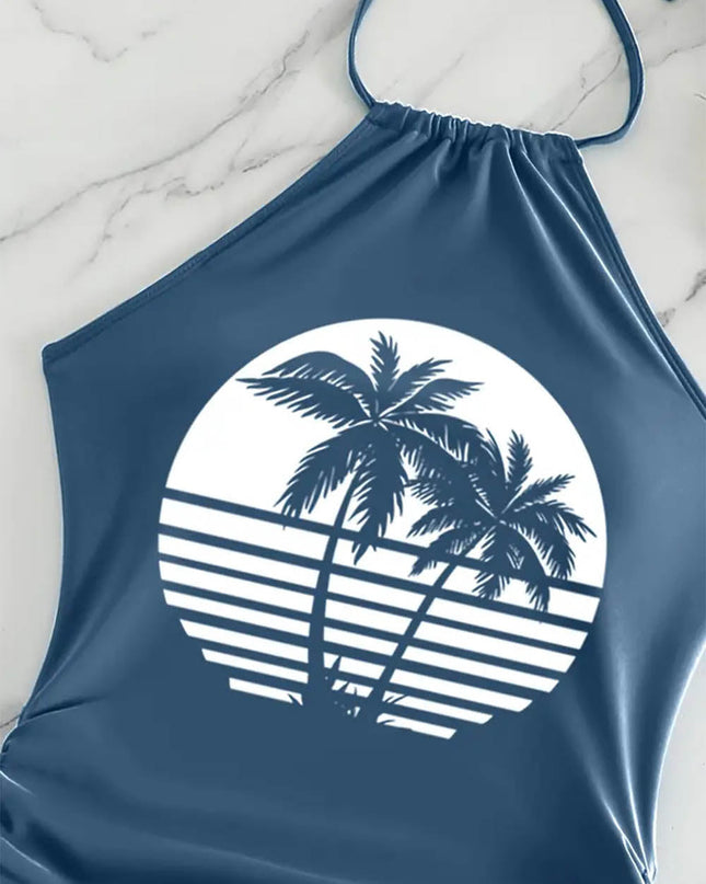 Coconut Tree Halter Tie Neck Backless Stretchy Swimsuit | ZAKAPOP