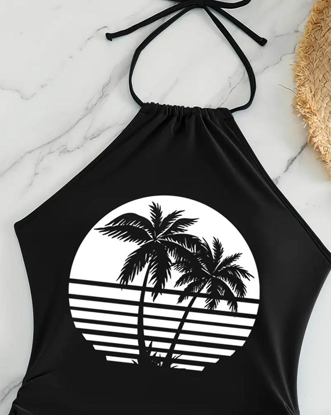 Coconut Tree Halter Tie Neck Backless Stretchy Swimsuit | ZAKAPOP