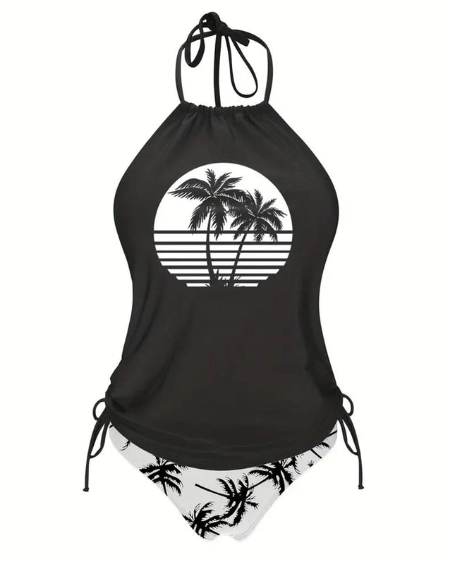Coconut Tree Halter Tie Neck Backless Stretchy Swimsuit | ZAKAPOP