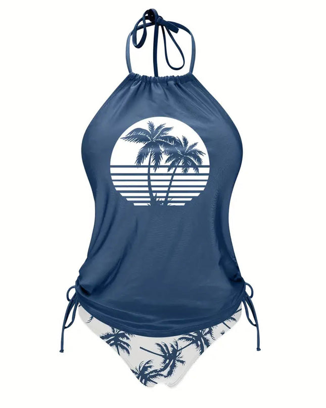 Coconut Tree Halter Tie Neck Backless Stretchy Swimsuit | ZAKAPOP