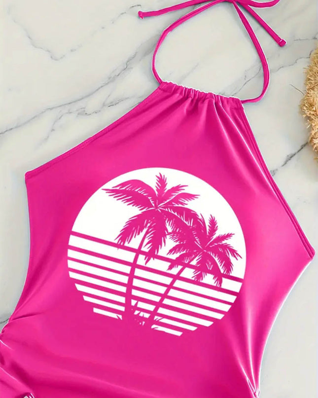 Coconut Tree Halter Tie Neck Backless Stretchy Swimsuit | ZAKAPOP