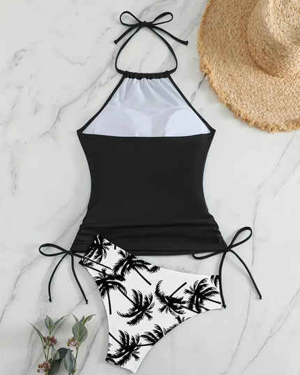 Coconut Tree Halter Tie Neck Backless Stretchy Swimsuit | ZAKAPOP