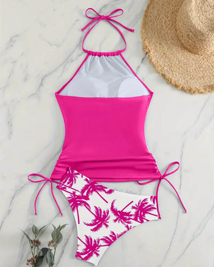 Coconut Tree Halter Tie Neck Backless Stretchy Swimsuit | ZAKAPOP