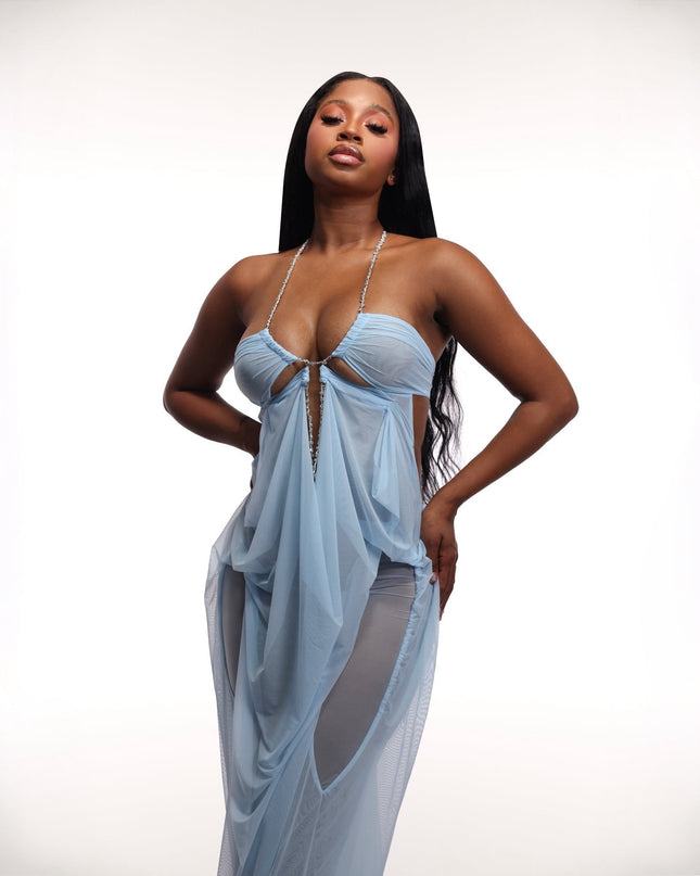 Coral Cascade Sheer Draped Light Blue Maxi Dress With Crystal Detail