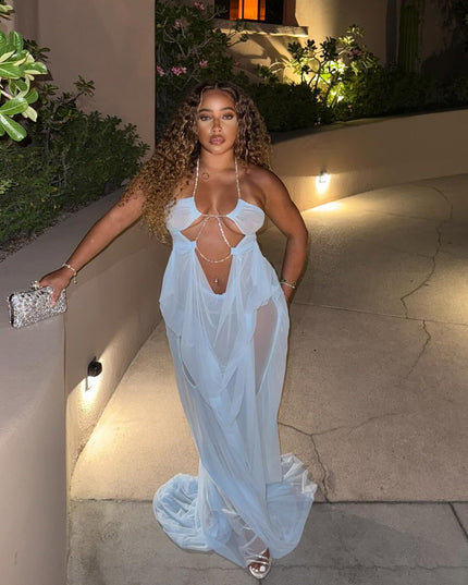 Coral Cascade Sheer Draped Light Blue Maxi Dress With Crystal Detail