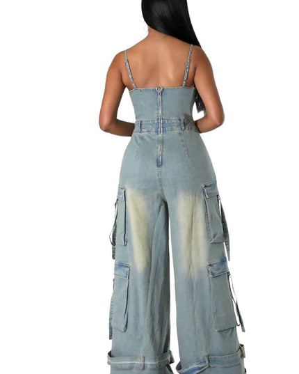 Dirty Wash Denim Jean Cargo Jumpsuit