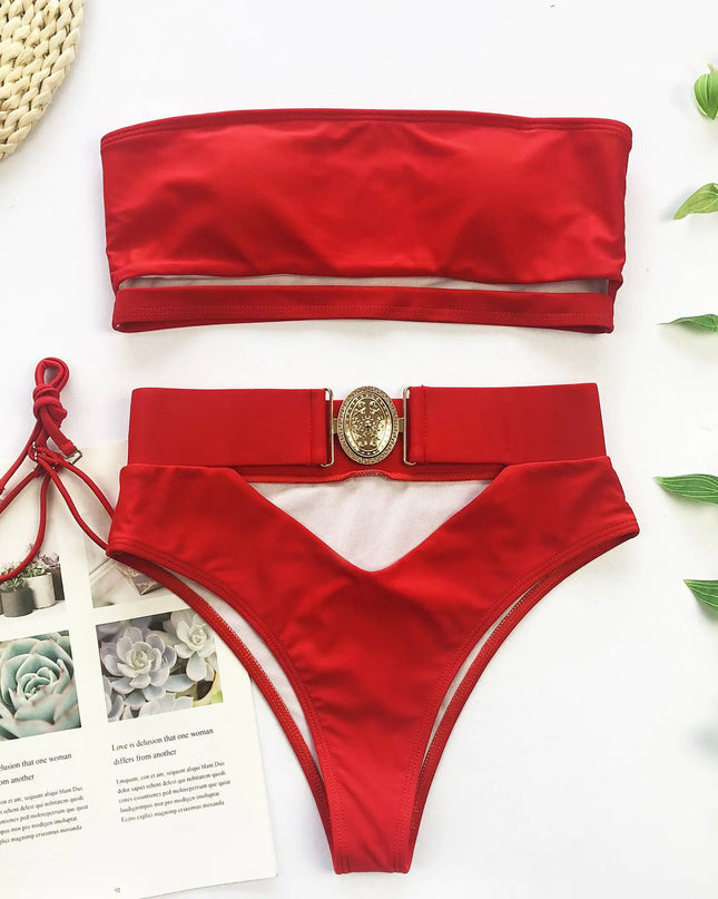 Chic Metal Buckle Strapless Bikini Swimsuit for Women