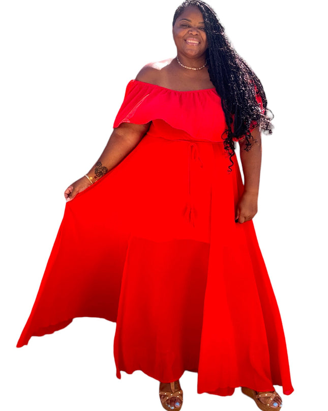 Poppy Red Plus Size Sheer Maxi Dress With Slit
