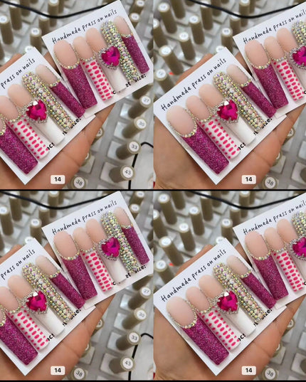 Pink long crystal press on nails