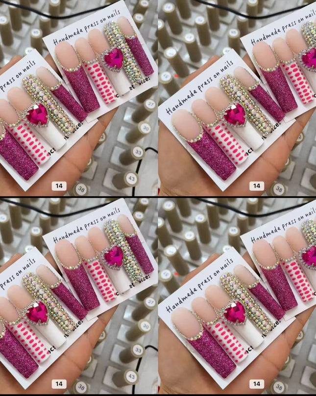 Pink long crystal press on nails