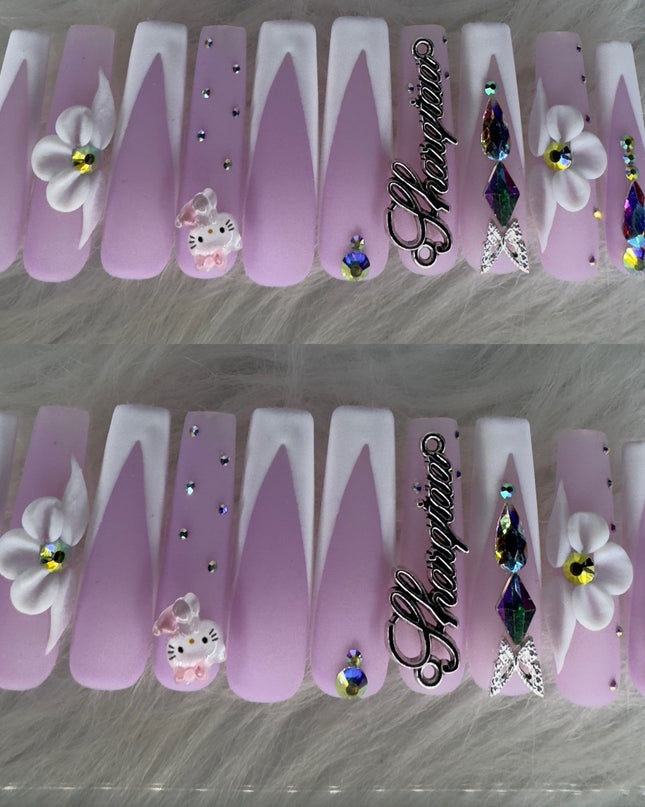 Purple and white long acrylic nails