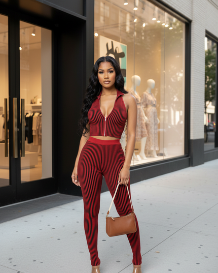 Red Ribbed Pants & Crop Top