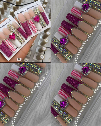 Pink long crystal press on nails