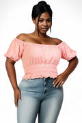 Curvy Casual Ruched Puff Sleeve Ribbed Knit Solid Top {BT3544X}