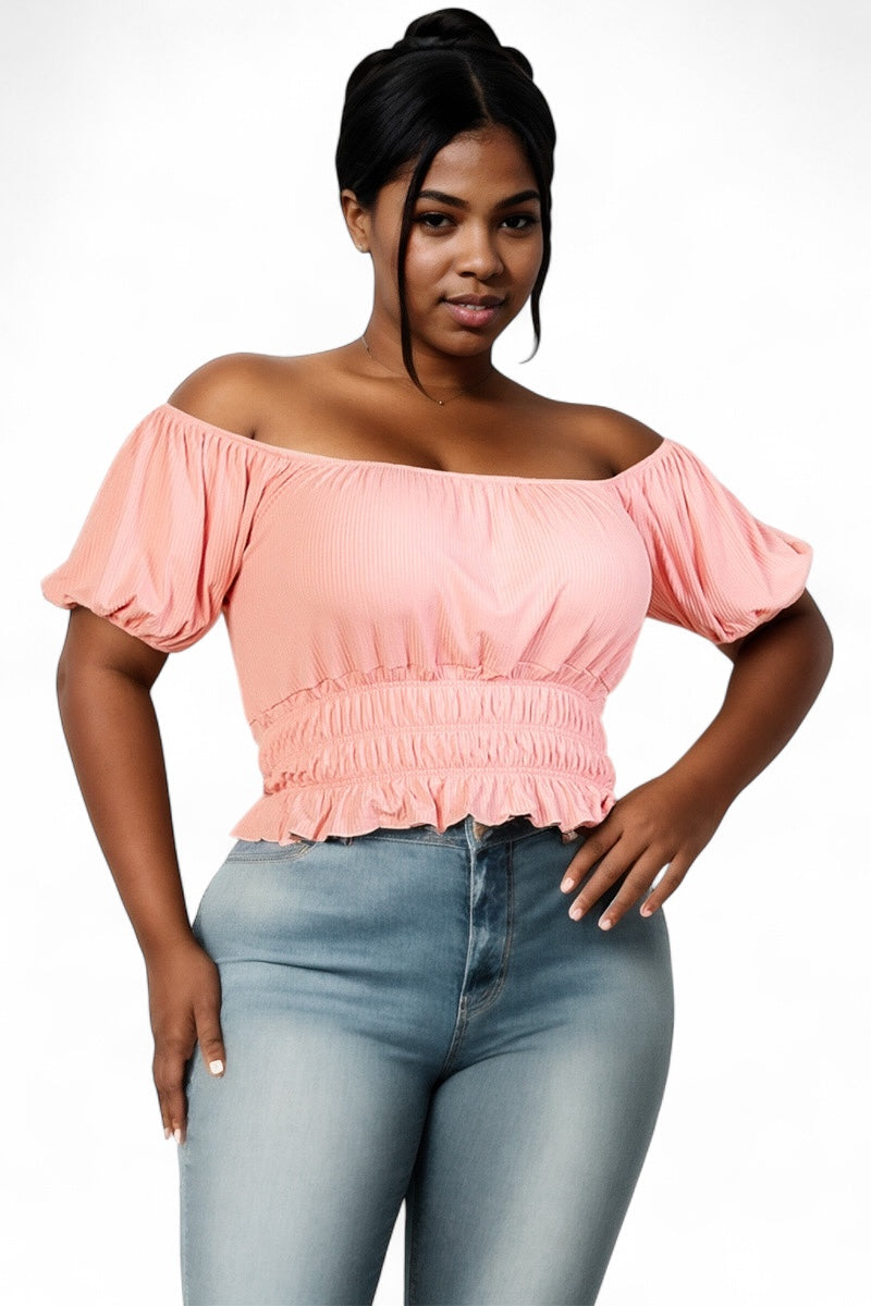 Curvy Casual Ruched Puff Sleeve Ribbed Knit Solid Top {BT3544X}