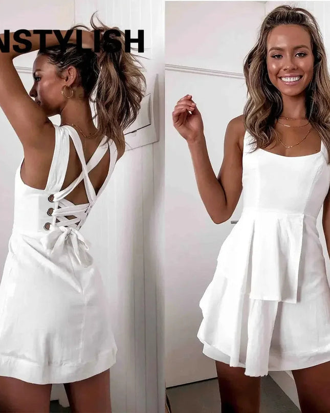 Women Elegant Solid Backless Lace Up Patchwork Mini Dress Sexy Sleeveless Tank Dress Casual White Black Beach Party A Line Dress