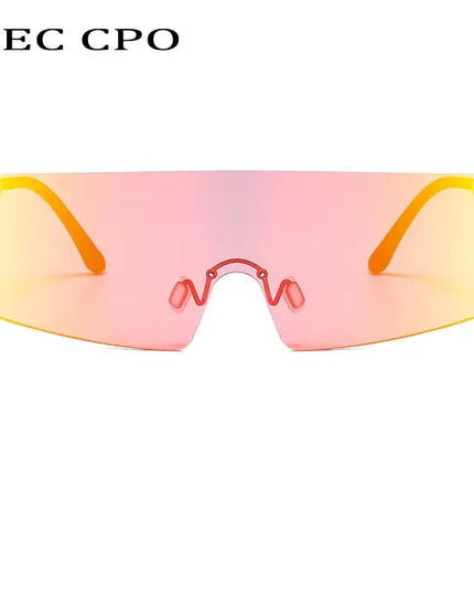 OEC CPO Fashion Rimless Sunglasses Women Men Big Flat Top Glasses Oversized Sunglasses Female Mirror Goggle UV400 O596