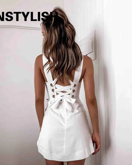 Women Elegant Solid Backless Lace Up Patchwork Mini Dress Sexy Sleeveless Tank Dress Casual White Black Beach Party A Line Dress