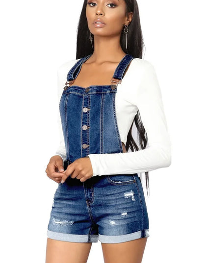 Short Denim Overalls Women Hole  Jumpsuit High Waist Casual Jeans Playsuit Washed Salopette Straps 2019 Summer  Romper