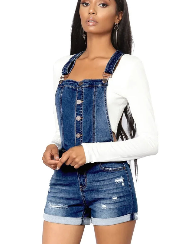 Short Denim Overalls Women Hole  Jumpsuit High Waist Casual Jeans Playsuit Washed Salopette Straps 2019 Summer  Romper