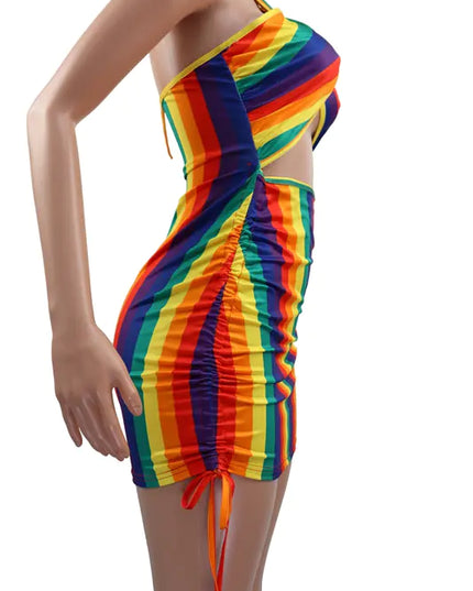 Sexy Rainbow Tie Dye Halter Bodycon Mini Dress for Women